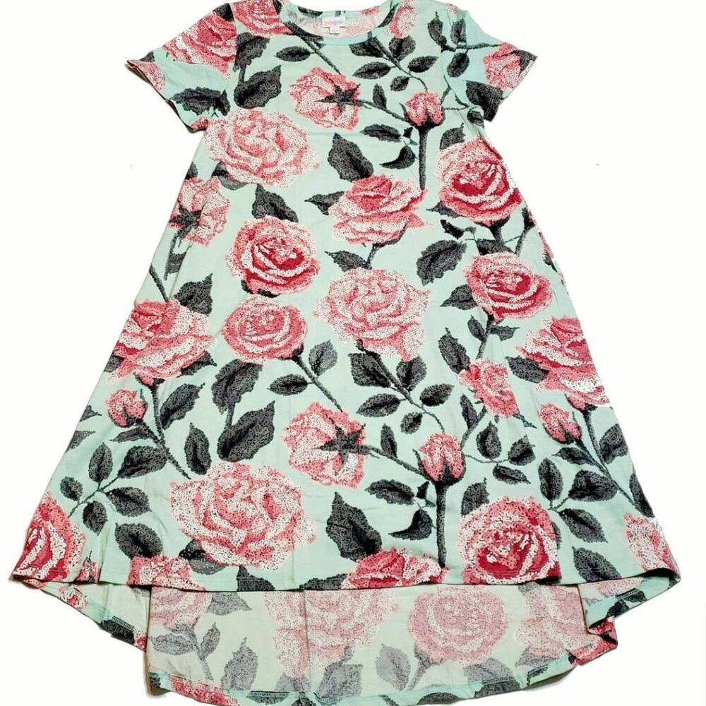 NEW M LuLaRoe Carly Green Pink Floral Swing‎ Dress High Low Flowy Short Sleeve